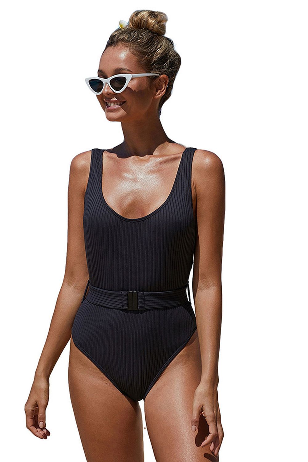 Solid Color Belt One-Piece Swimsuit