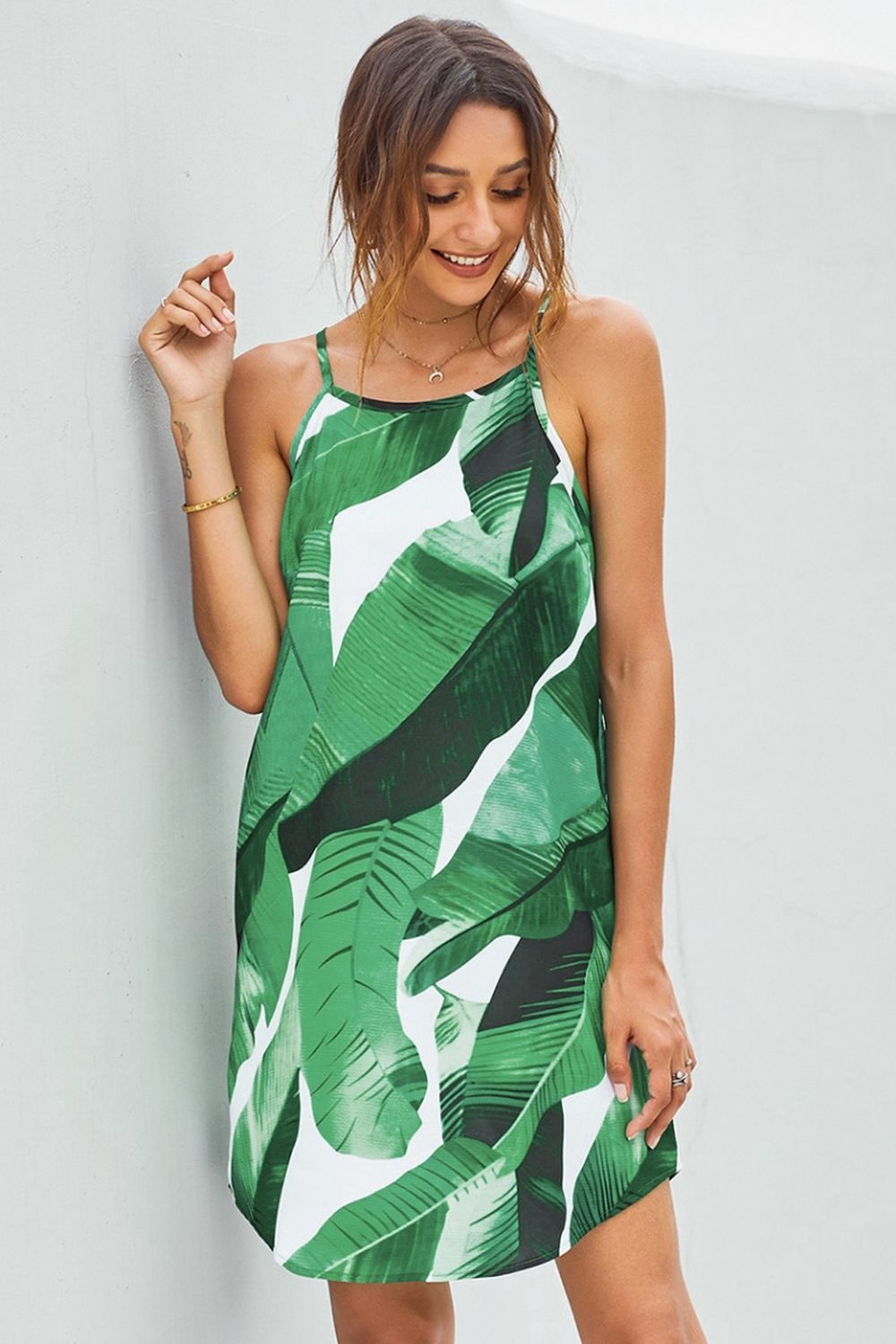 Strap Palm Leaf Print Bohemian Dress