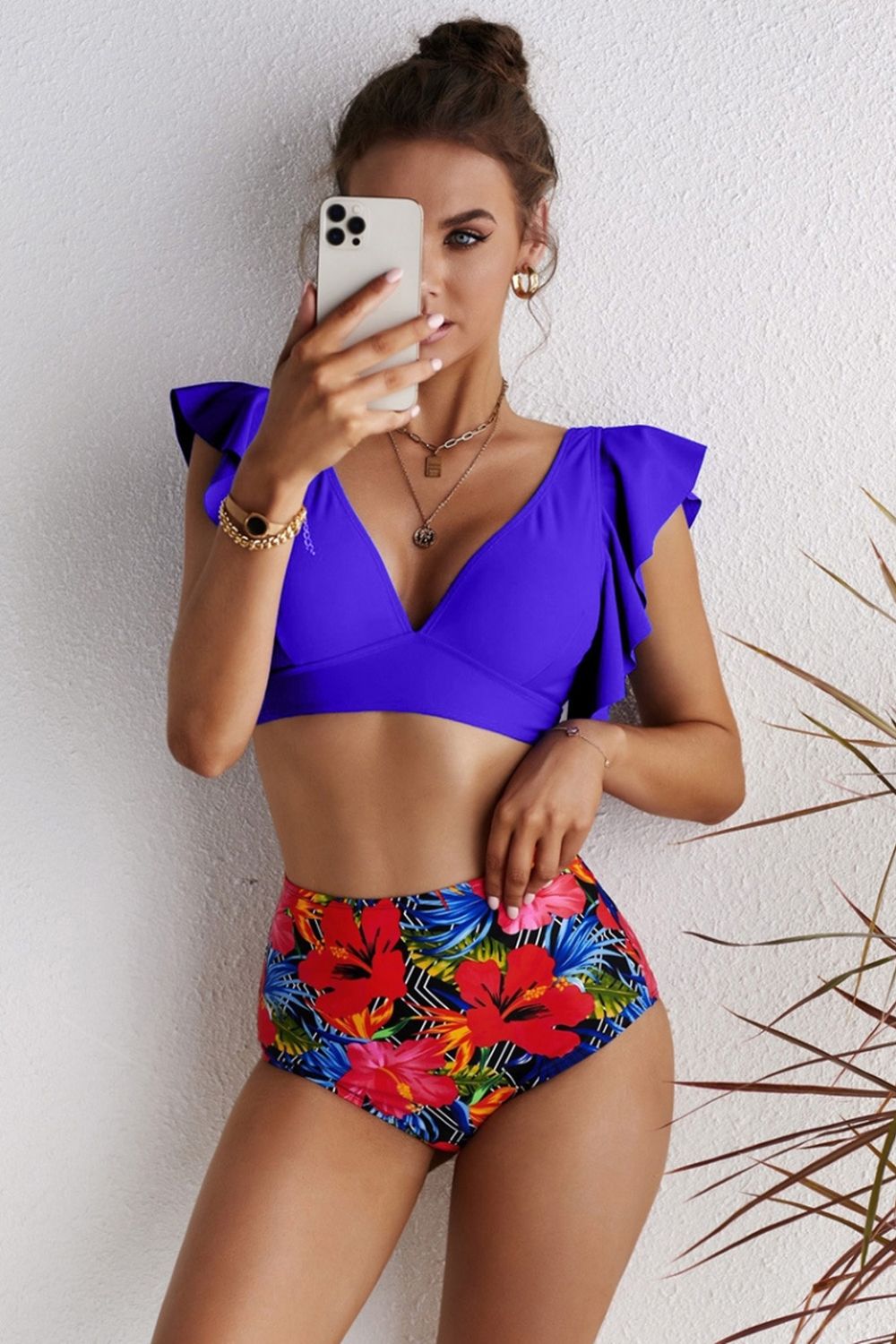 Print Ruffled V-Neck Bikini