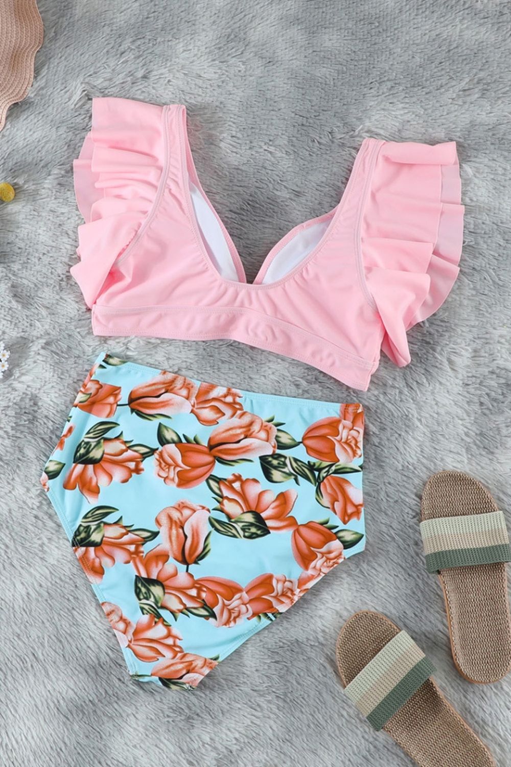 Print Ruffled V-Neck Bikini