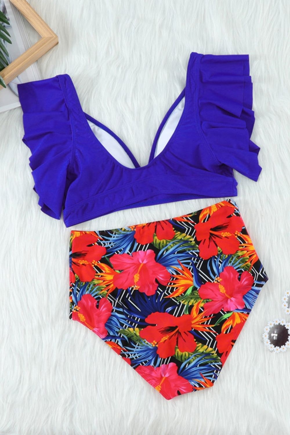 Print Ruffled V-Neck Bikini