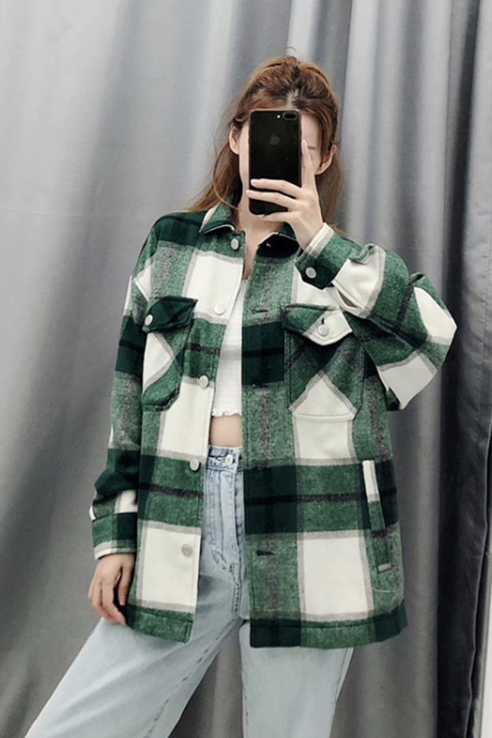 Loose Tweed Plaid Shirt Coat