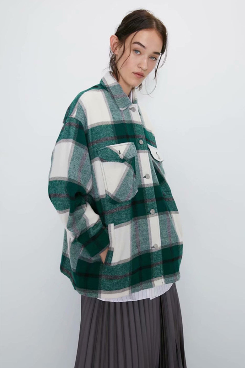 Loose Tweed Plaid Shirt Coat