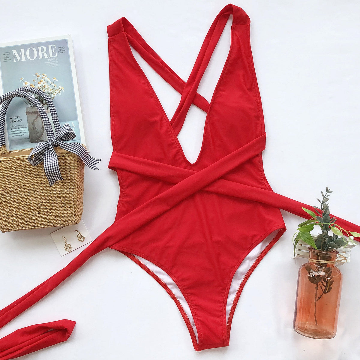 Deep V Waist Tie One-Piece Swimsuit