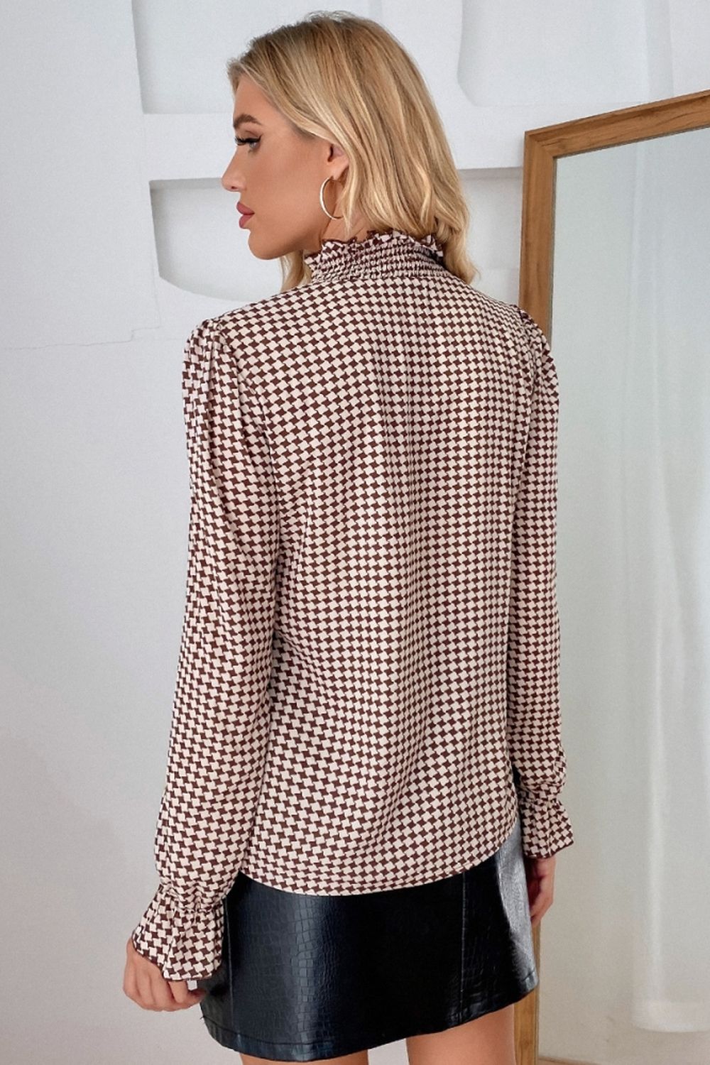 Stand-Up Collar Houndstooth Blouse