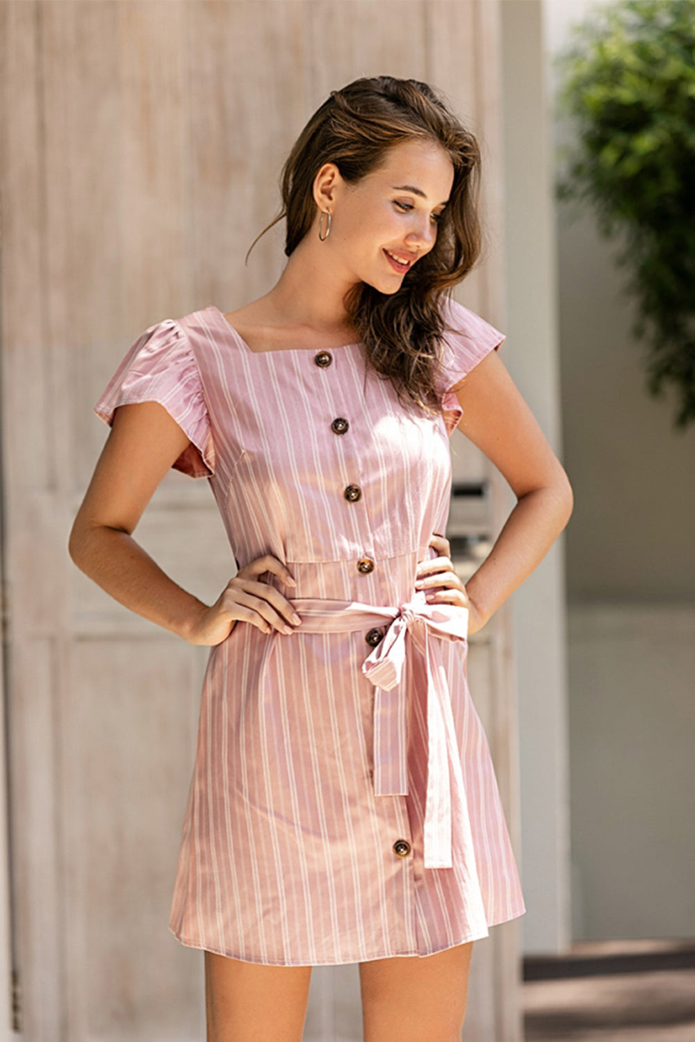 Square Neck Striped Tie Dress