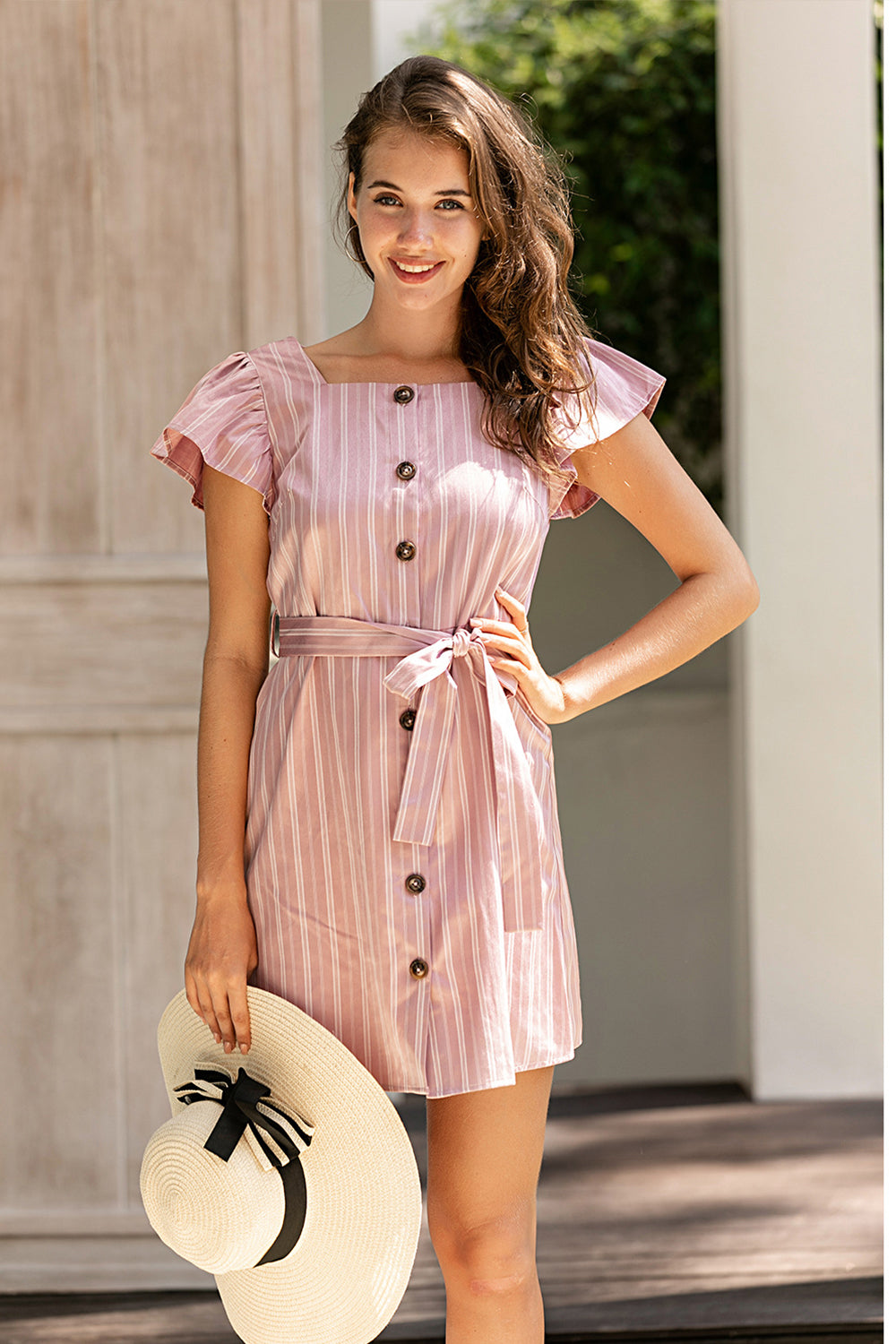 Square Neck Striped Tie Dress