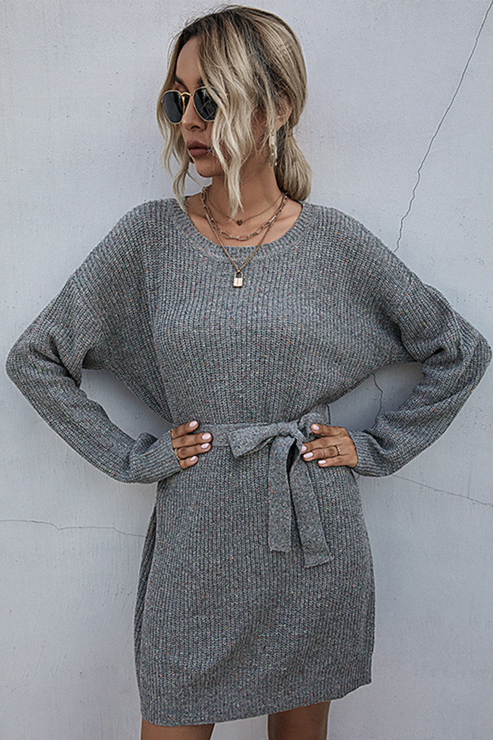 Solid Color Loose Belt Sweater Dress