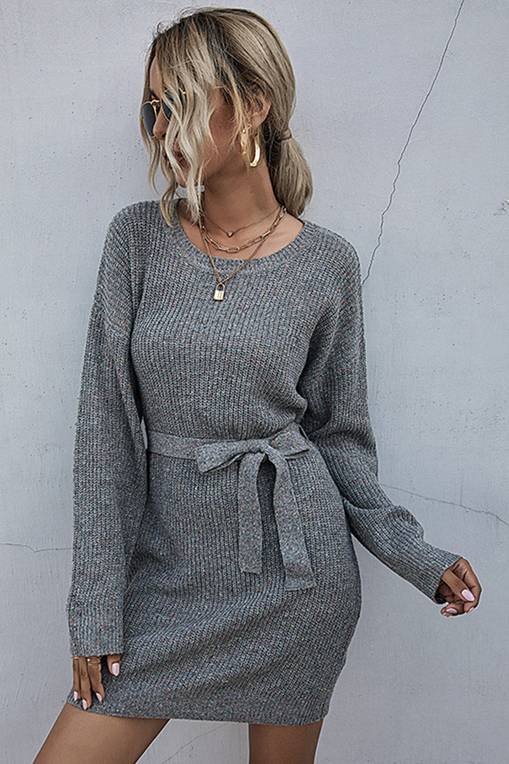 Solid Color Loose Belt Sweater Dress