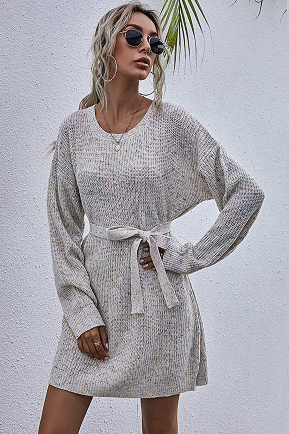 Solid Color Loose Belt Sweater Dress