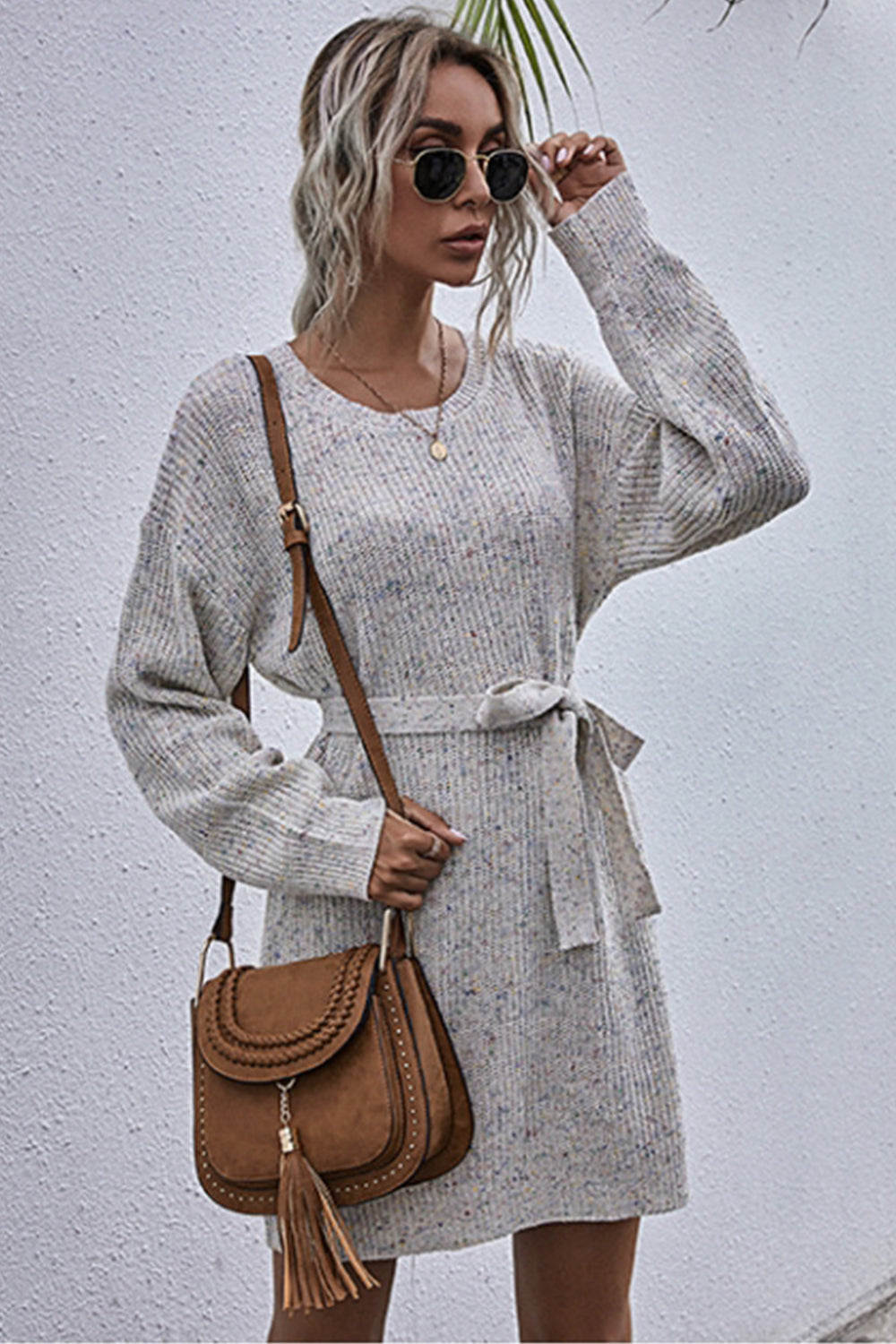 Solid Color Loose Belt Sweater Dress