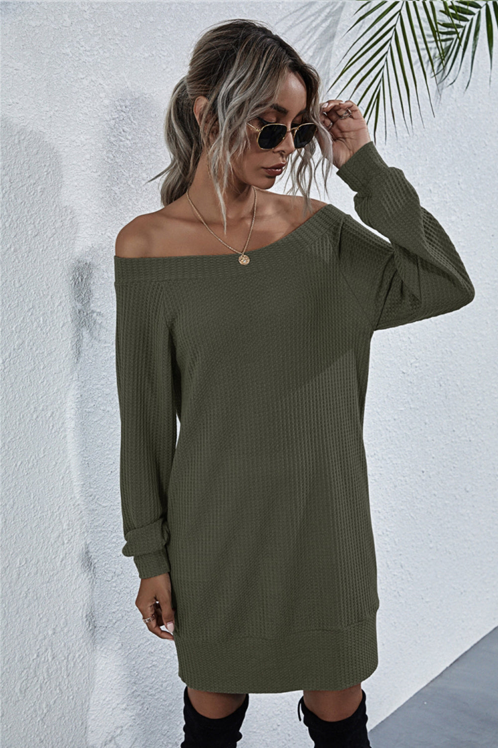 Off Shoulder Knitted Long Sleeve Dress