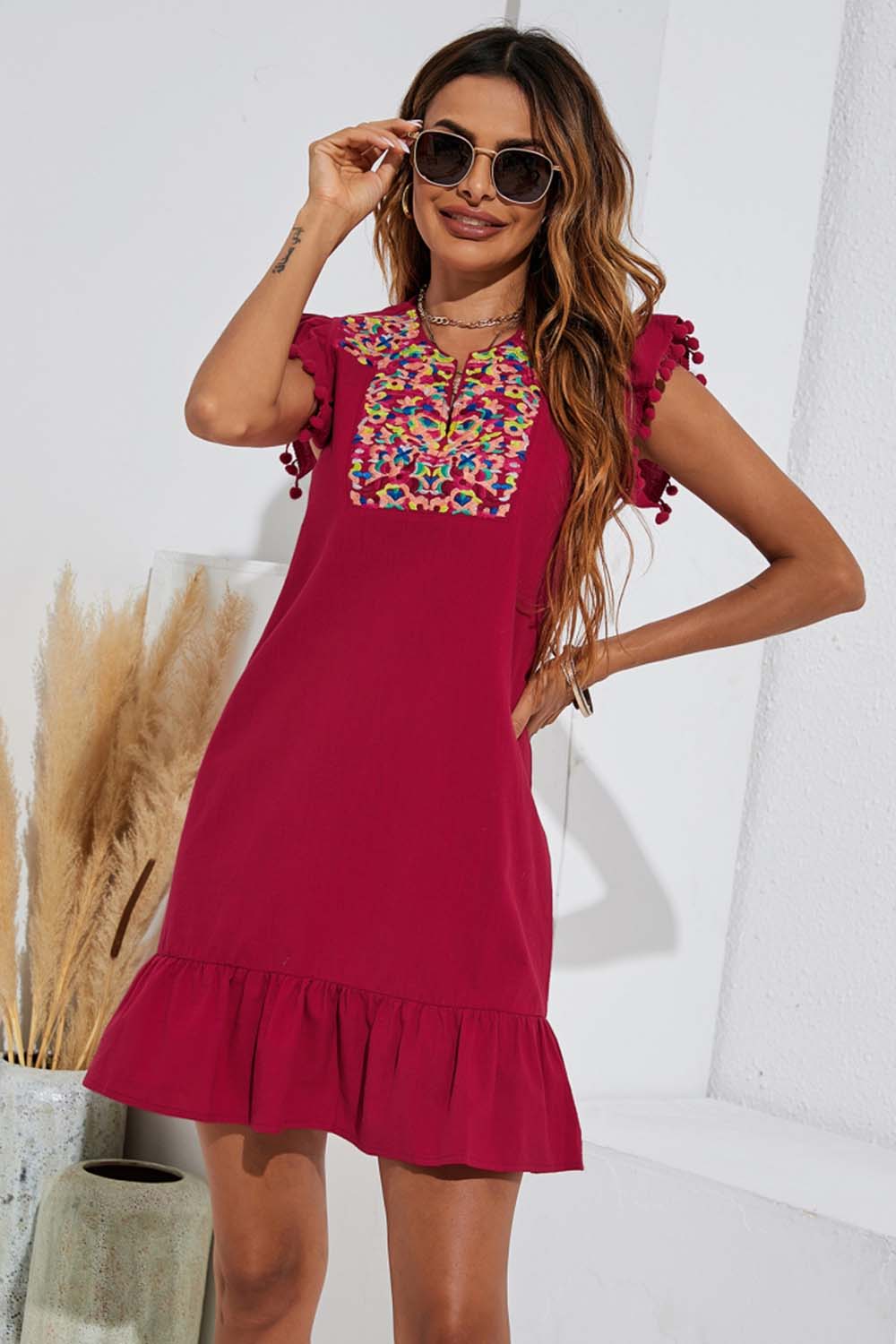 Solid Color Embroidered Dress