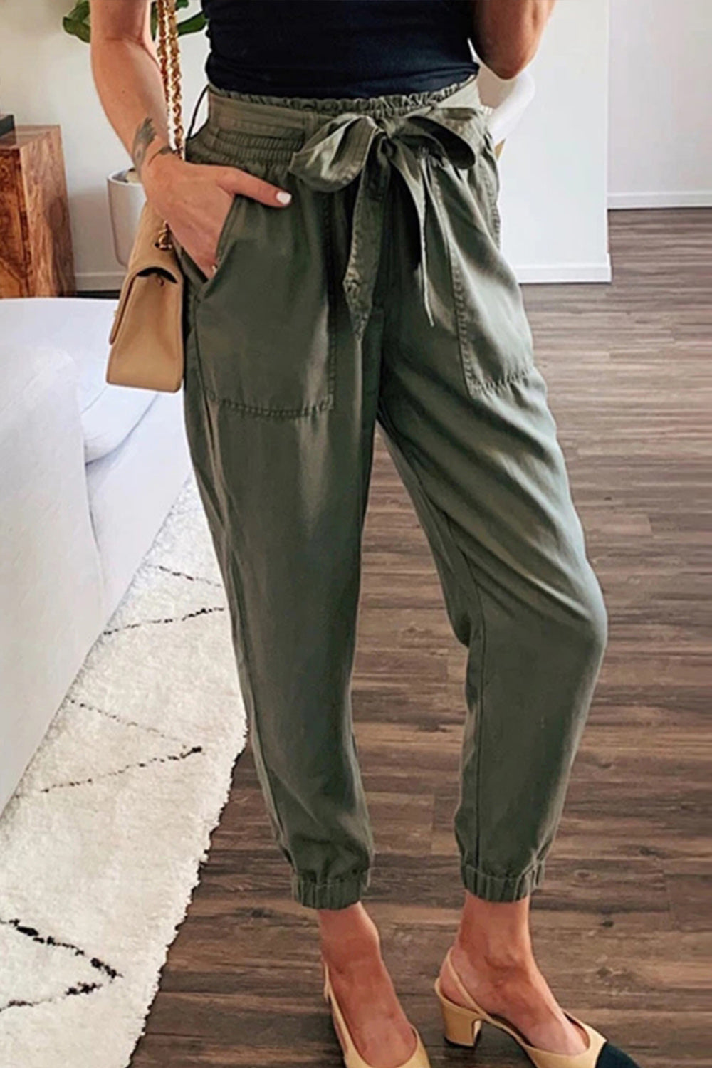 Solid Color Bow Belt Pocket Pants