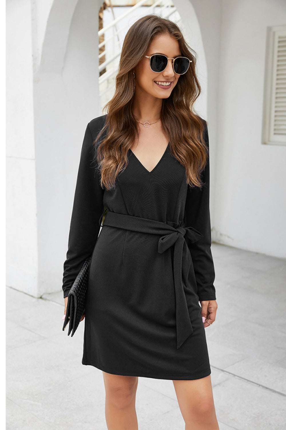 Solid Color V-neck Belt Straight Dress