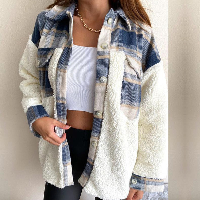 Plaid Print Plush Patchwork Contrast Jacket