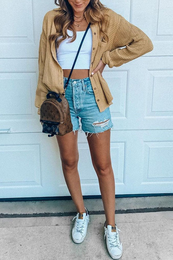 Casual Cropped Waffle Shirt Jacket