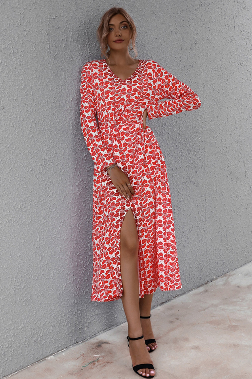 V-neck Printed Waist Slit Long Sleeve Dress