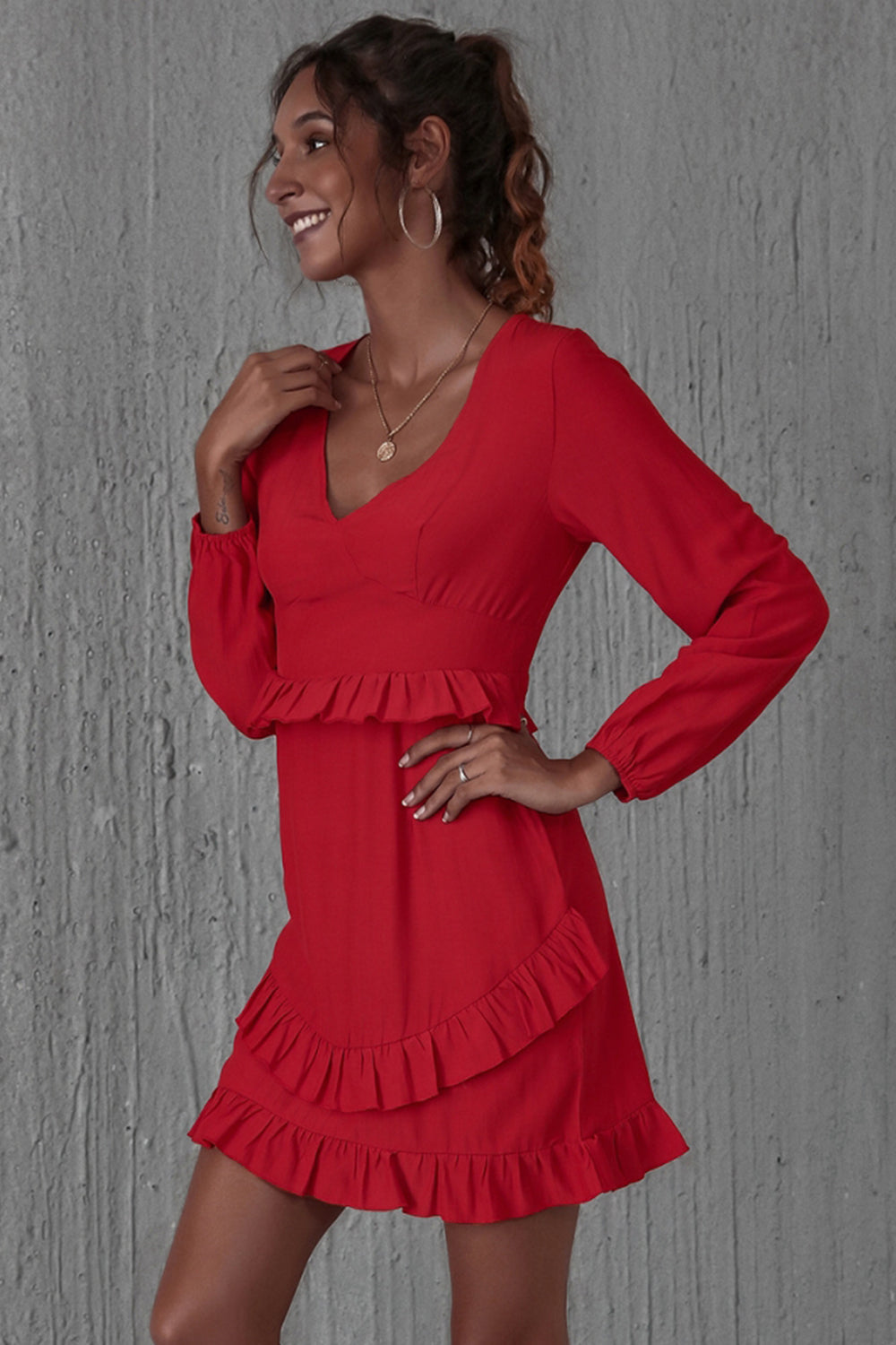 High Waist Ruffled Long Sleeve Dress