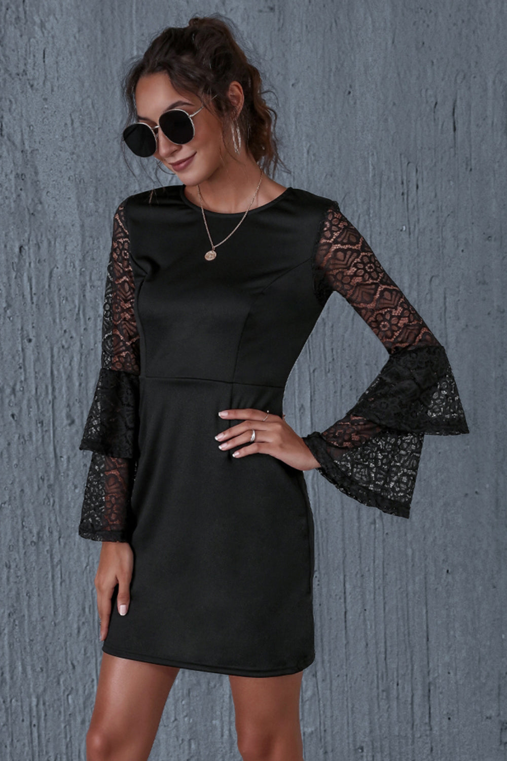 Solid Color Lace Hollow Trumpet Sleeve Dress