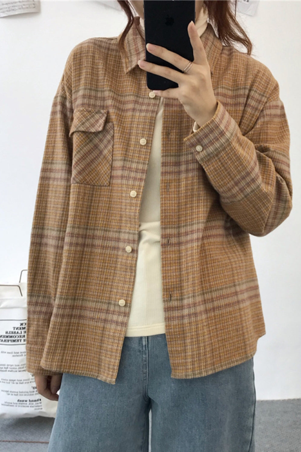 Thickening Tweed Plaid Long Sleeve Shirt