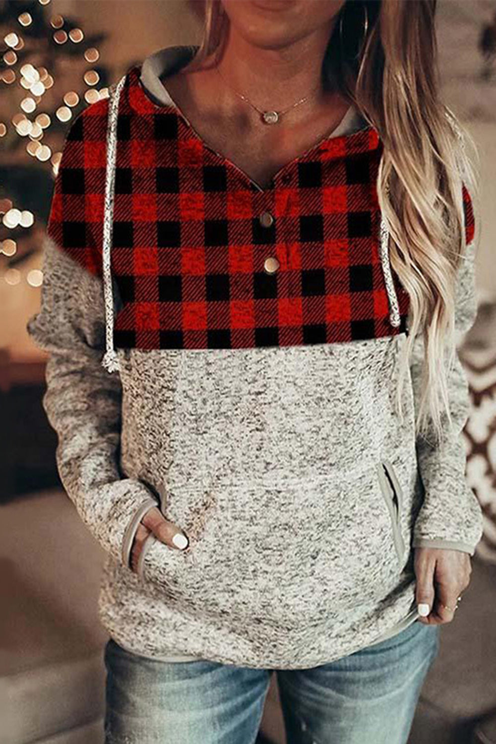 Christmas Plaid Patchwork Hooded Pullover