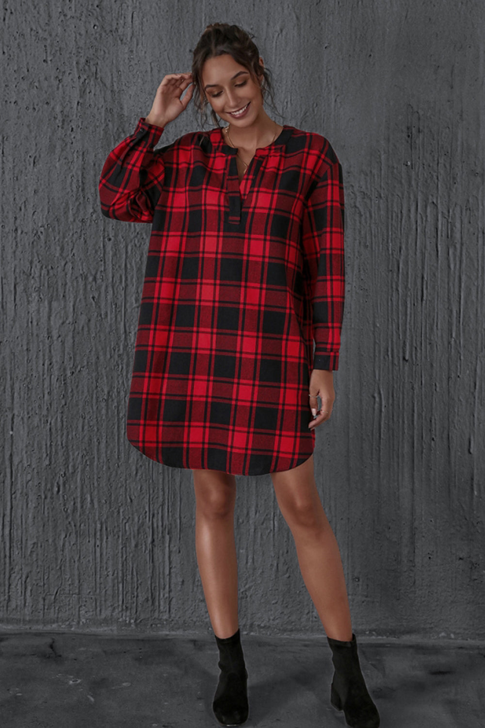 Check V-neck Long Sleeve A-line Dress