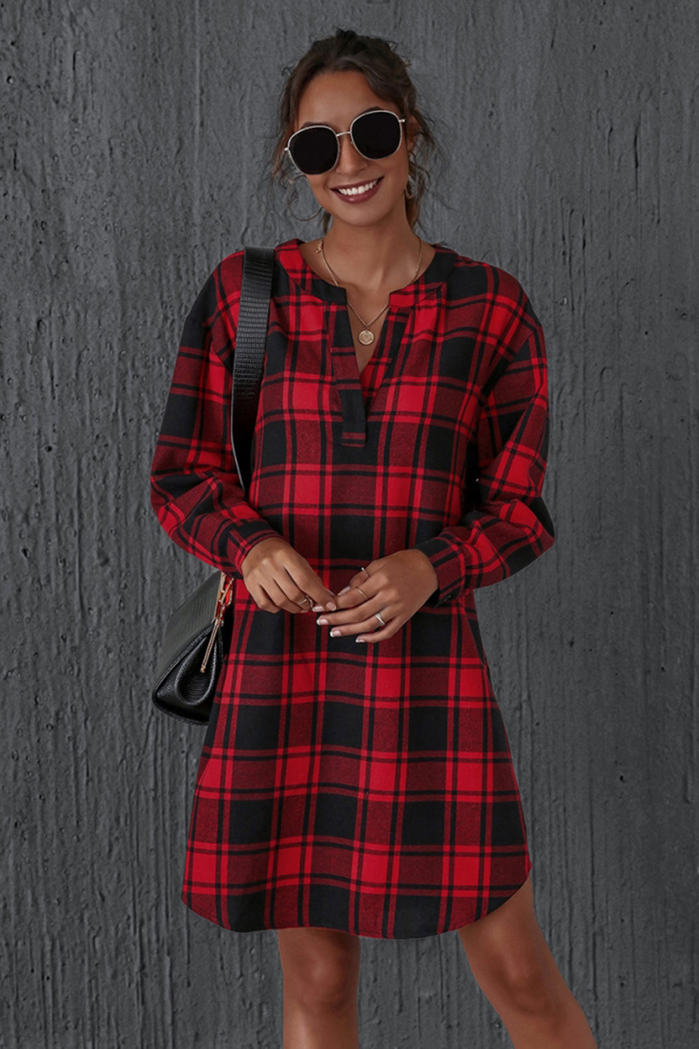 Check V-neck Long Sleeve A-line Dress