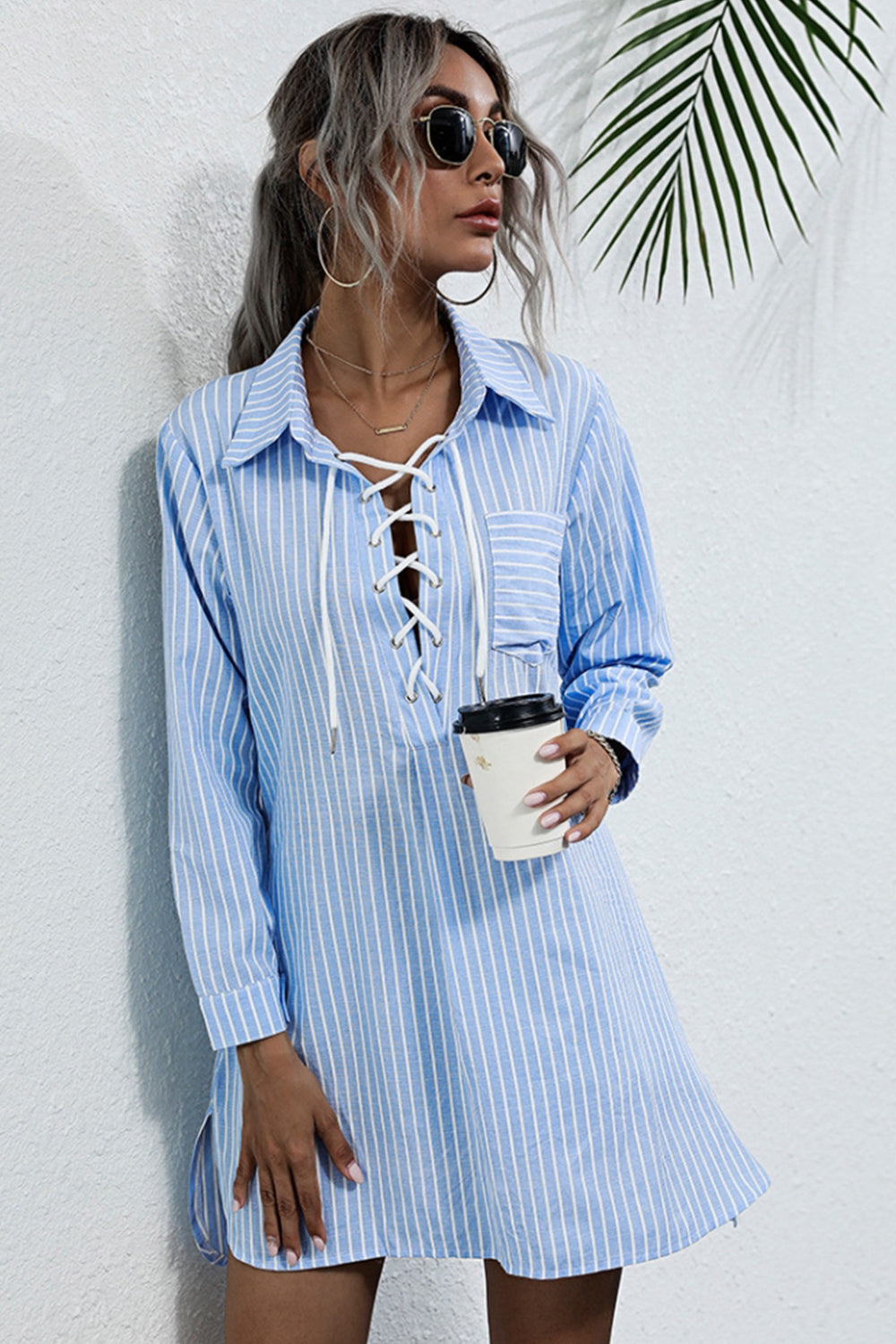 Long-sleeves Laces Hollow Stripes Shirt Dress