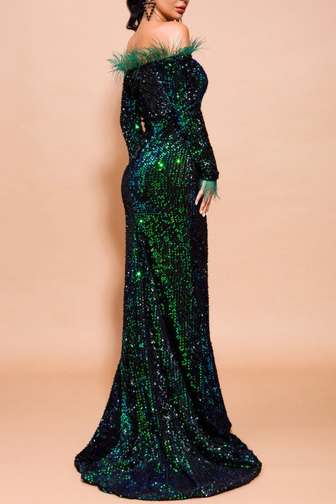 Off Shoulder Feather Long Sleeve Sequin Dress