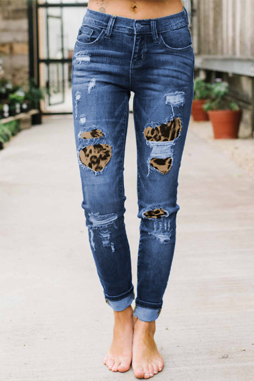 Leopard Stitching Hand-worn Jeans