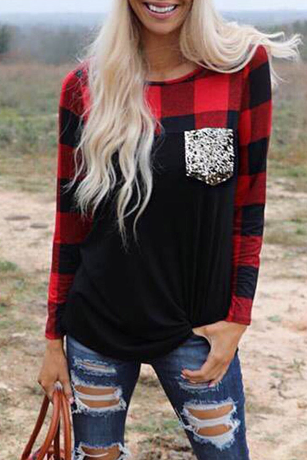 Plaid Stitched Sequin Pocket Top