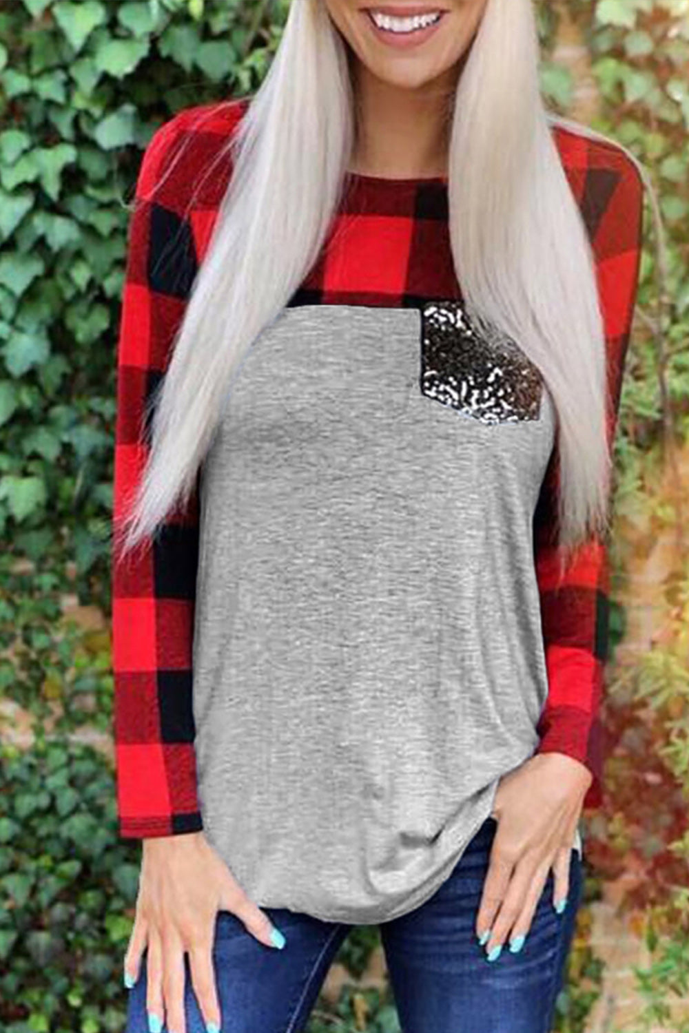 Plaid Stitched Sequin Pocket Top