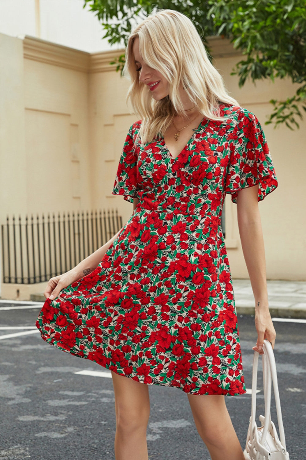 Flower Print V-neck Short Sleeve Dress