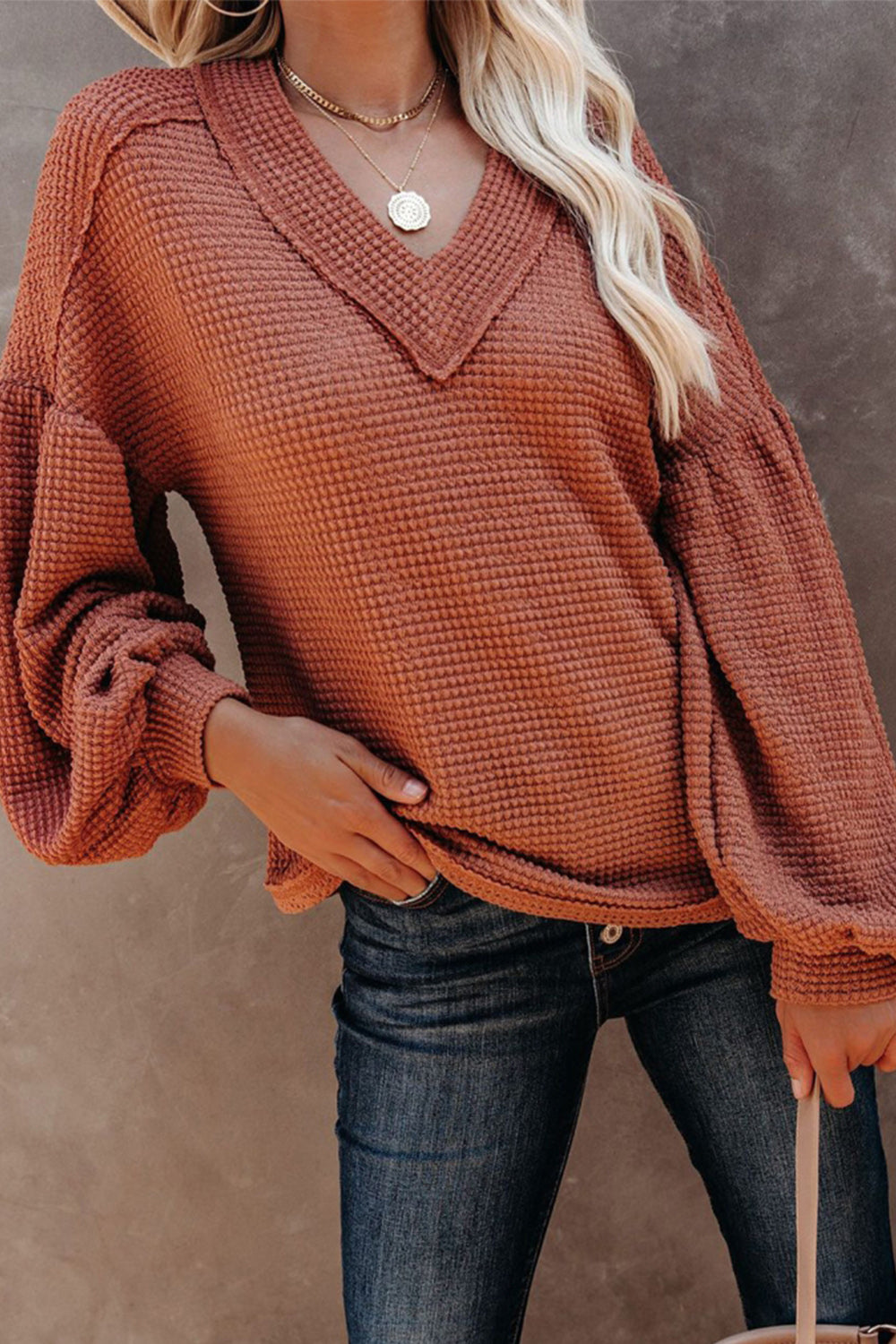 Solid V-neck Bubble Sleeve Top