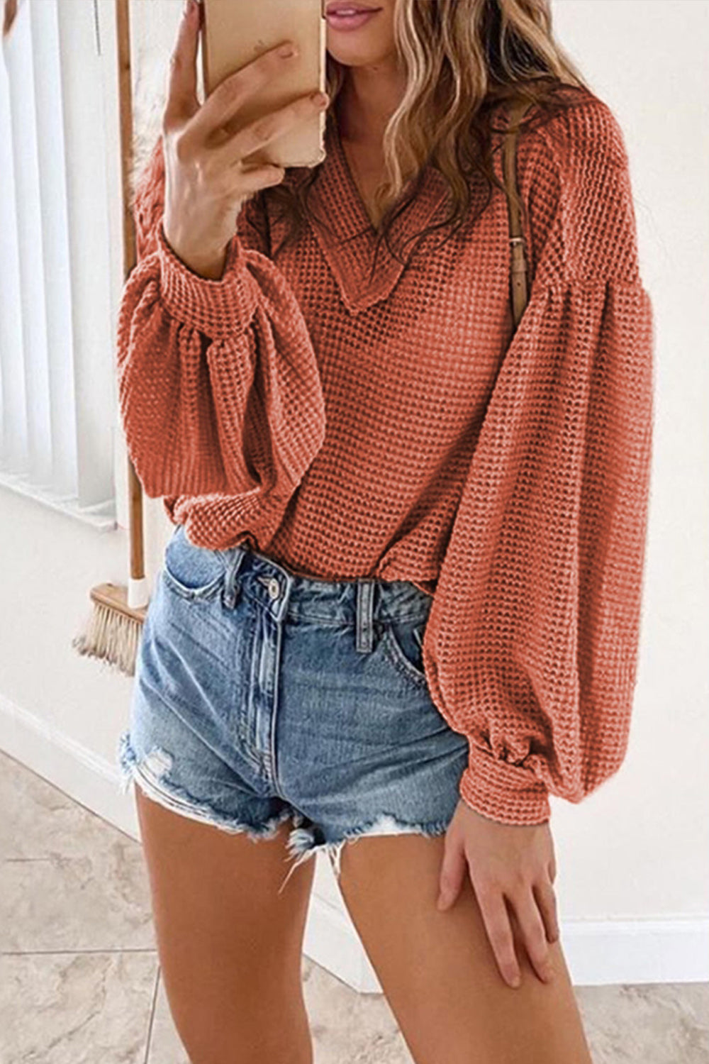 Solid V-neck Bubble Sleeve Top