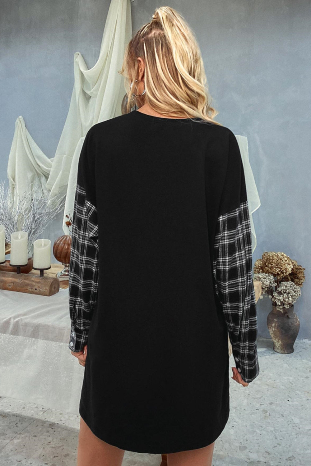 Round Neck Stitching Plaid Sweater Dress