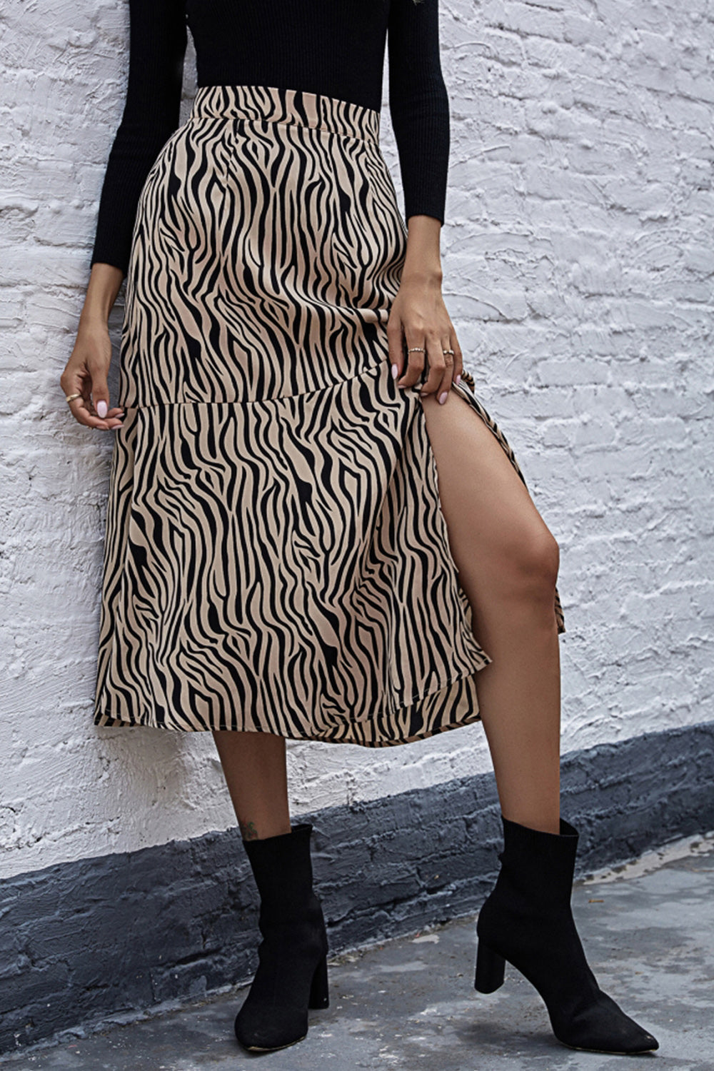 Zebra print High Waist Slit Midi Skirt