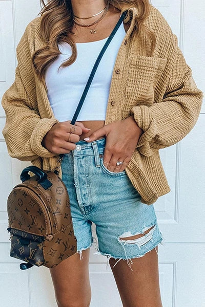 Casual Cropped Waffle Shirt Jacket