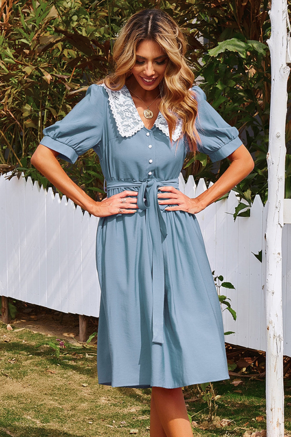 Solid Color Elastic Waist Midi Dress