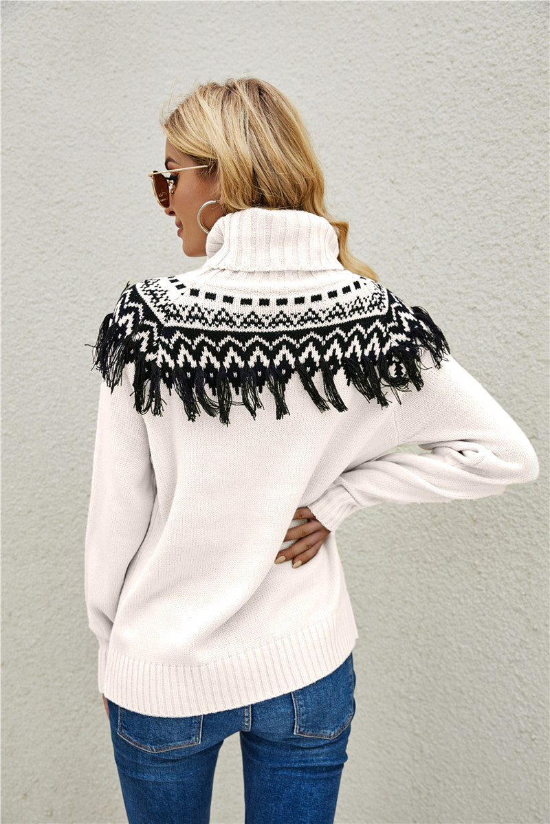 Vintage Embroidered Fringe Turtleneck Sweater