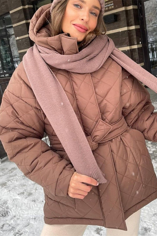 Parkas con capucha Arygle holgadas y cinturón con lazo elegante