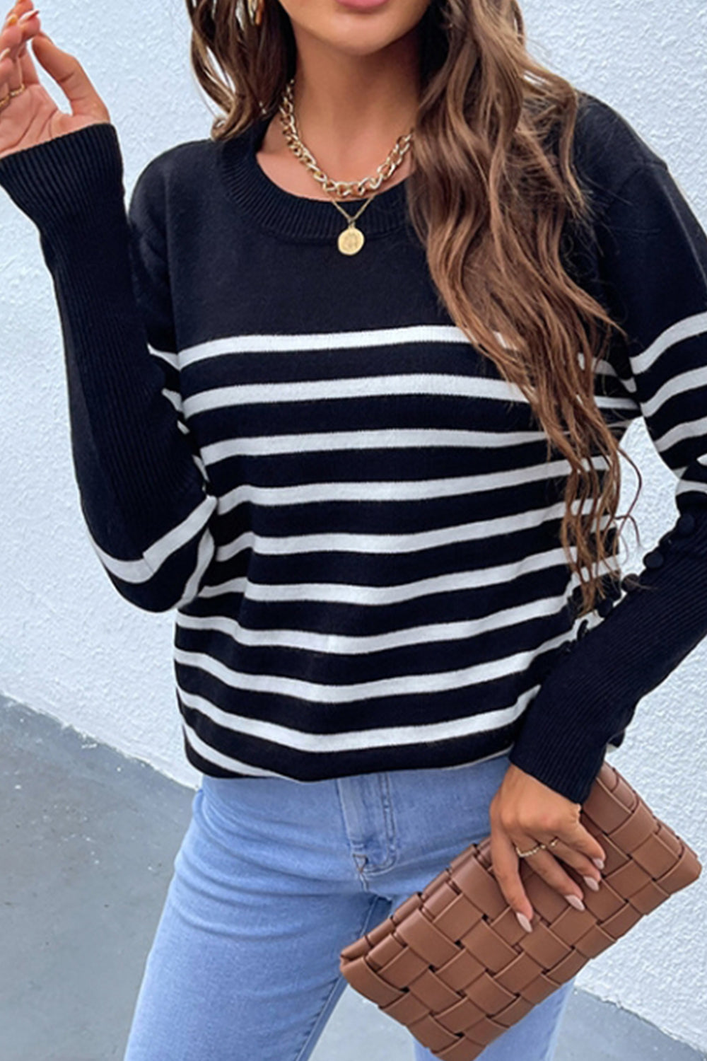 Button Contrast Striped Sweater