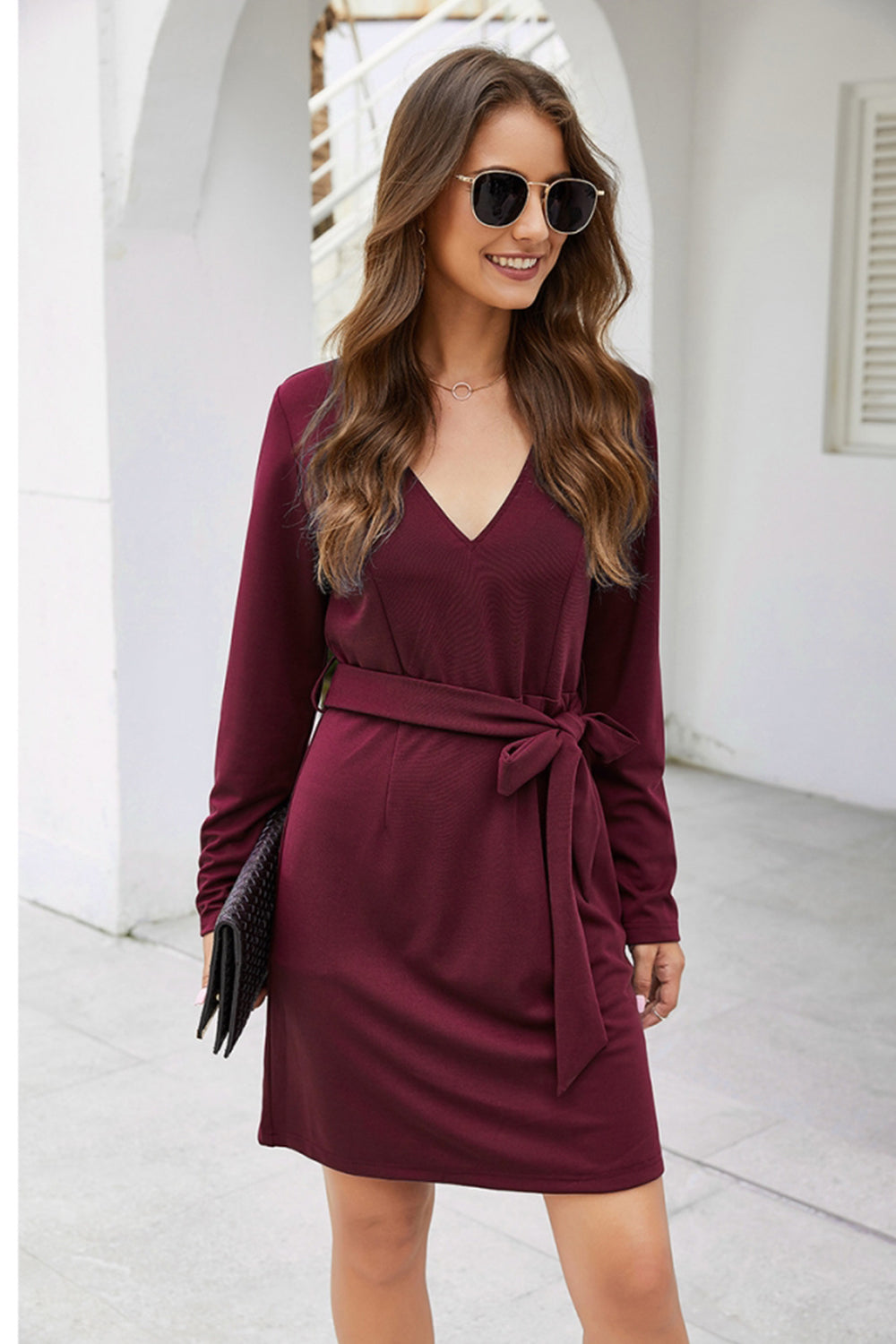 Solid Color V-neck Belt Straight Dress