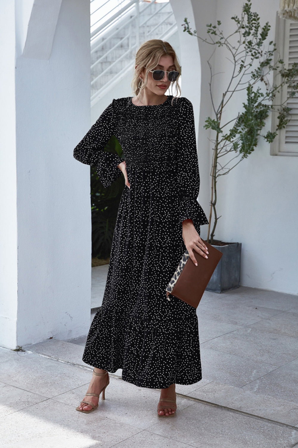 Printed Polka Dot Long Sleeve Dress