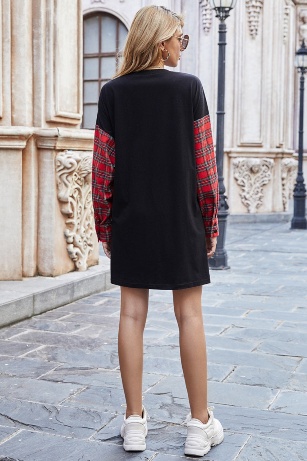 Round Neck Stitching Plaid Sweater Dress