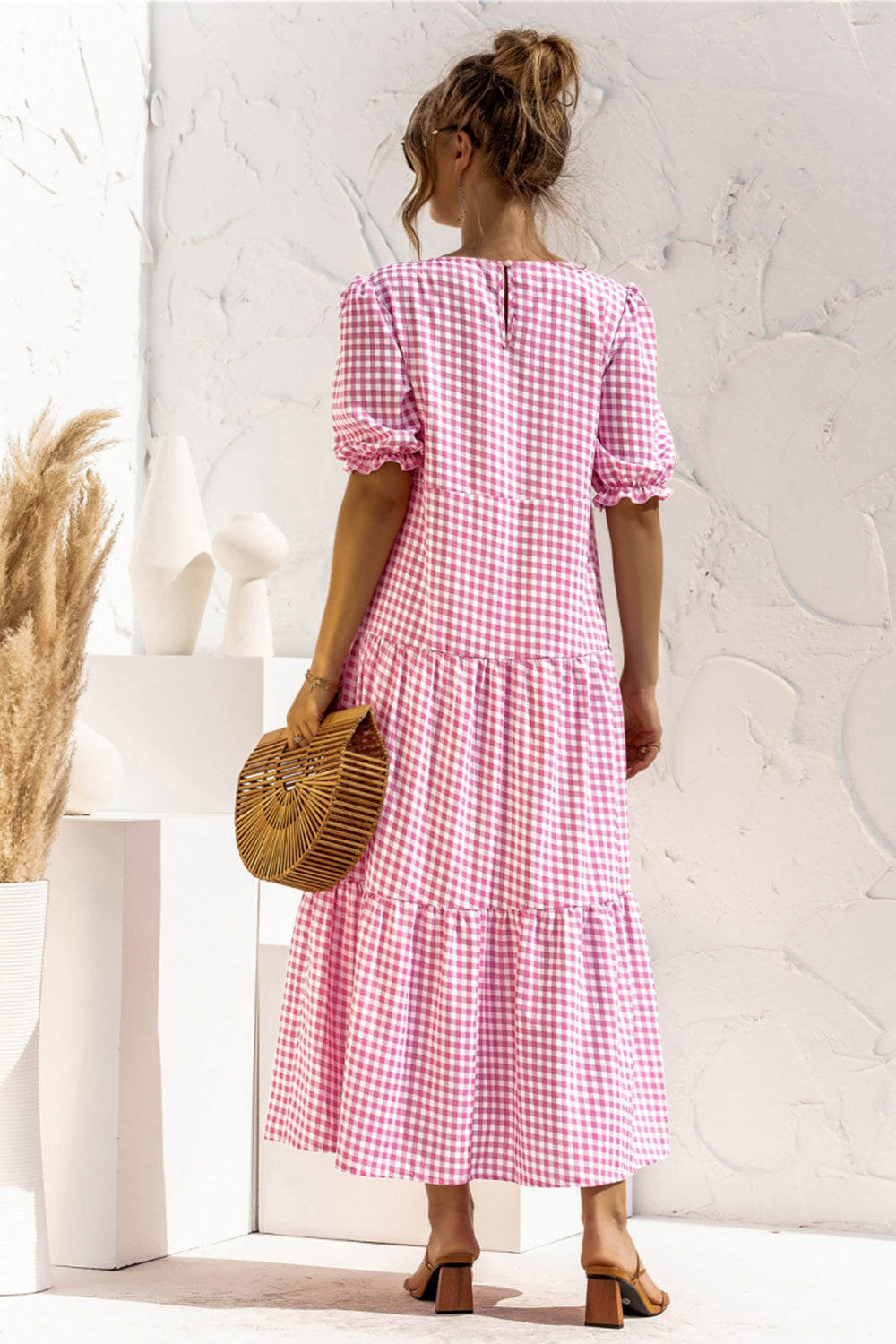 Puff Sleeve Polka Dot Plaid Patchwork Long Dress