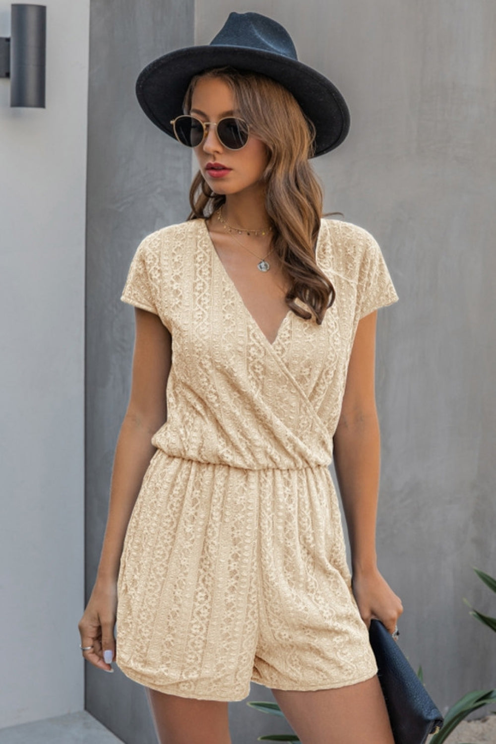 V-Neck Lace Plain One Piece Shorts