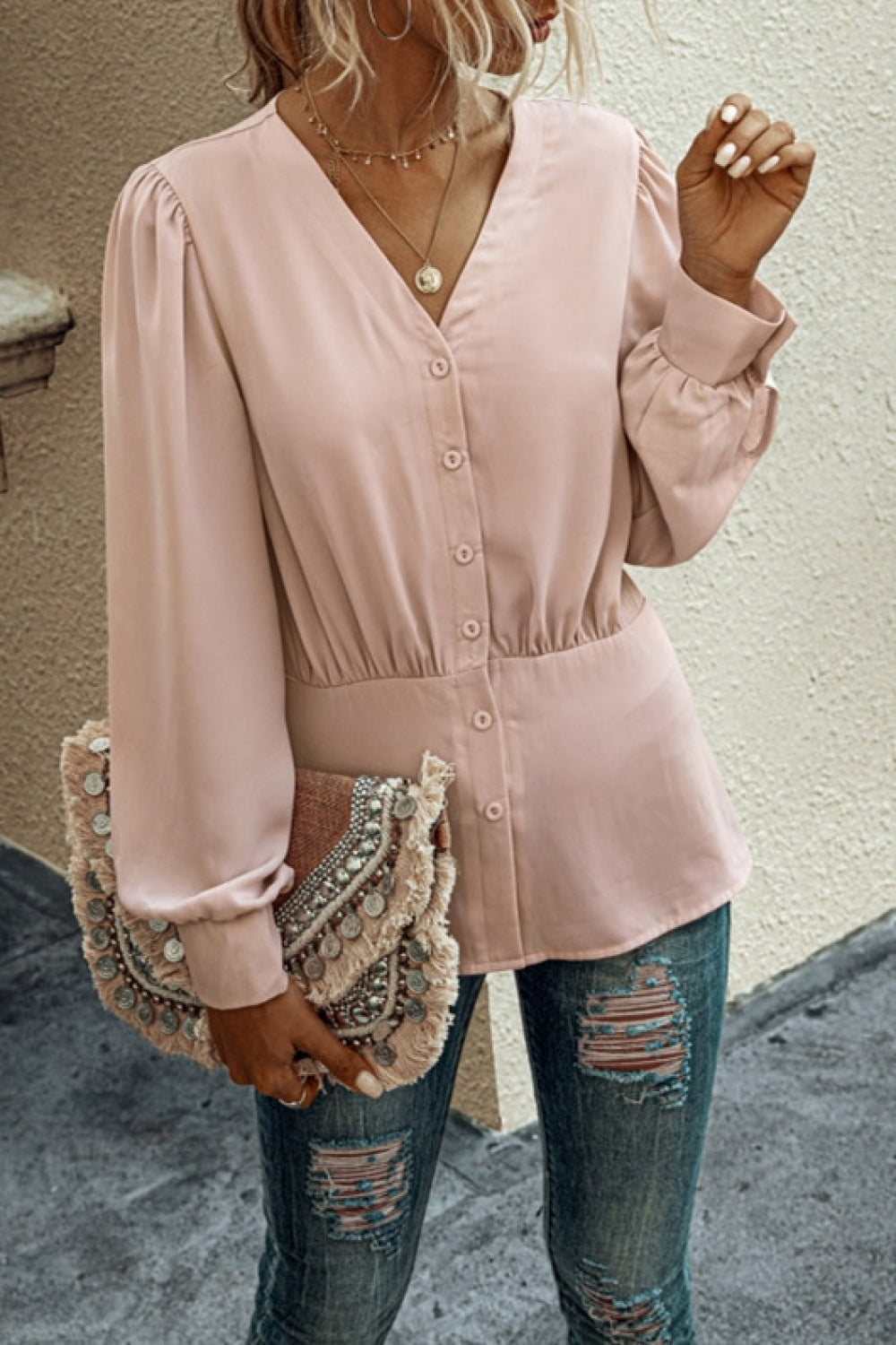 V-NeckButtons Long Sleeve Blouse