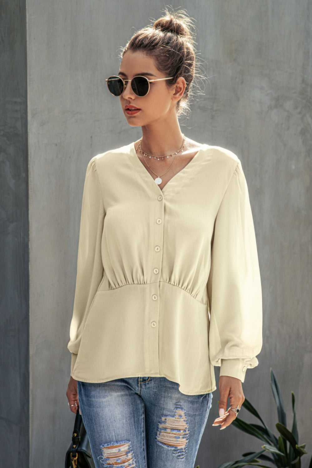 V-NeckButtons Long Sleeve Blouse